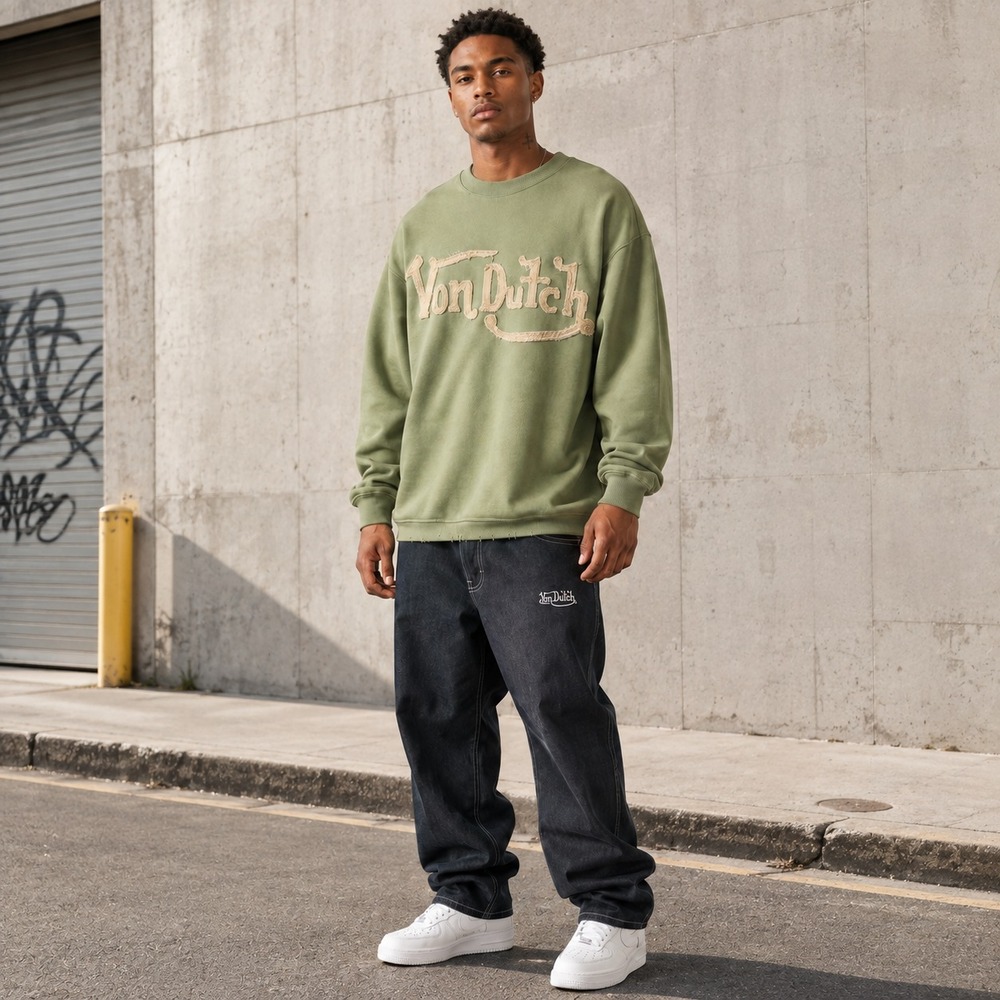 VON DUTCH Men's New MEDIUM Sweatshirt Distressed Oversized Green Crew Sweater